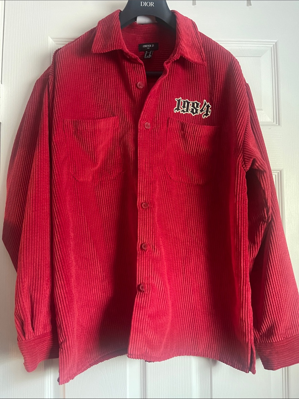 Forever 21 Red Corduroy Button-Down Shirt with 1984 Chest Patch